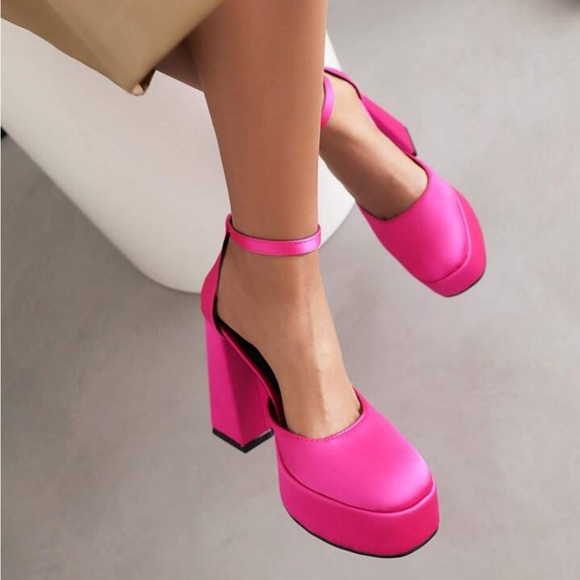 Hot Pink Women Ankle Strap Pumps Satin Chunky Heels - Picture 4 of 7